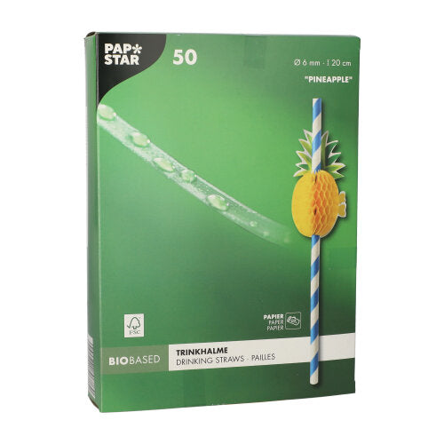 Eine grüne Schachtel mit 50 Papiertrinkhalmen (20 cm x Ø 6 mm) der PAPSTAR GmbH mit gestreiften Strohhalmen und einer gelben Papierananas enthält 50 biologisch abbaubare, umweltfreundliche Trinkhalme.