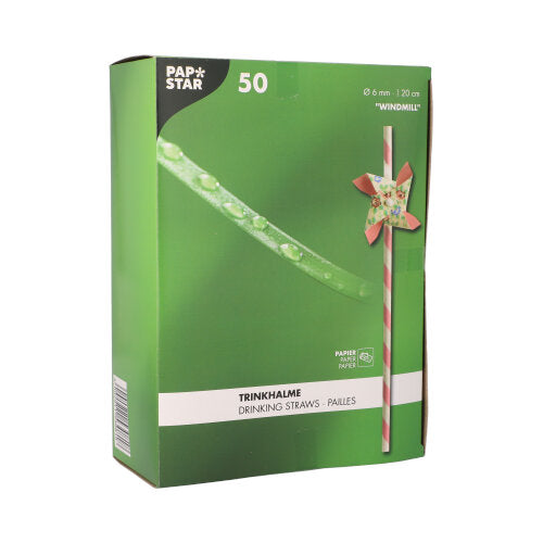 Eine grüne Schachtel PAPSTAR 50 Trinkhalme (Papier Ø 6 mm · 20 cm) der PAPSTAR GmbH mit der Aufschrift „WINDMILL“ zeigt einen gestreiften Strohhalm mit einem Windrad und mehrsprachigem Text.