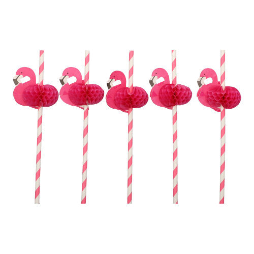 Fünf rosa-weiße PAPSTAR 50 Trinkhalme, Papier Ø 6 mm · 20 cm der PAPSTAR GmbH mit rosa Flamingo-Dekor, in einer Reihe angeordnet. Diese umweltfreundlichen Papiertrinkhalme sind biologisch abbaubar.