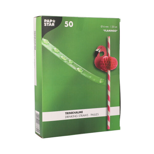 Eine grüne Box mit der Aufschrift „PAPSTAR 50 Trinkhalme, Papier Ø 6 mm · 20 cm“ der PAPSTAR GmbH enthält umweltfreundliche Papiertrinkhalme mit rosa-weißen Streifen und einem dekorativen Flamingo, der die nachhaltige Qualität unterstreicht.