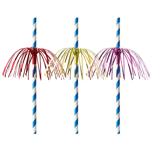 Drei PAPSTAR Papiertrinkhalme (Ø 6 mm, 20 cm) mit Blau-Weiß-Streifen und Metallic-Fransen in Rot, Gelb und Lila von PAPSTAR GmbH – biologisch abbaubar für nachhaltige Qualität.