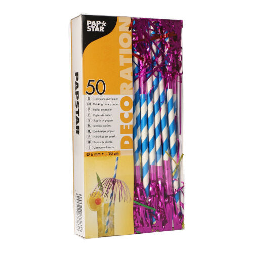 Eine Schachtel mit 50 PAPSTAR Papier-Trinkhalmen (Ø 6mm, 20cm) der PAPSTAR GmbH, blau-weiß gestreift mit lila Lametta, überzeugt durch nachhaltige Qualität und mehrsprachige Produktinformationen auf der Verpackung.