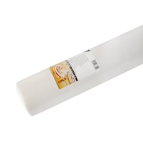 Eine Rolle PAPSTAR Tischdecke, stoffähnlich, Airlaid 20 m x 1,2 m weiss extra dick von der PAPSTAR GmbH ist auf weißem Hintergrund mit einer beschrifteten Umhüllung abgebildet, auf der Produktinformationen, ein Bild von Backwaren und ein Barcode angezeigt werden.