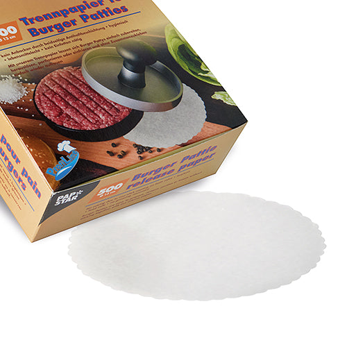 Der Karton der PAPSTAR GmbH mit der Aufschrift „500 Trennpapiere für Burger Patties Ø 13 cm weiss“ zeigt eine Burgerpresse, ein rohes Patty und weiße Trennpapiere, vorne ist ein runder Trenner mit gewelltem Rand abgebildet – ideal für den Einsatz in der Gastronomie (500 Stück).