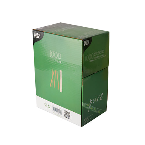 Eine grün-weiße Box der PAPSTAR GmbH enthält 1.000 umweltfreundliche, hygienische, einzeln gehüllte 14 cm große Holz-Rührstäbchen „pure“, mit Produktinfos und QR-Code auf der Vorderseite.