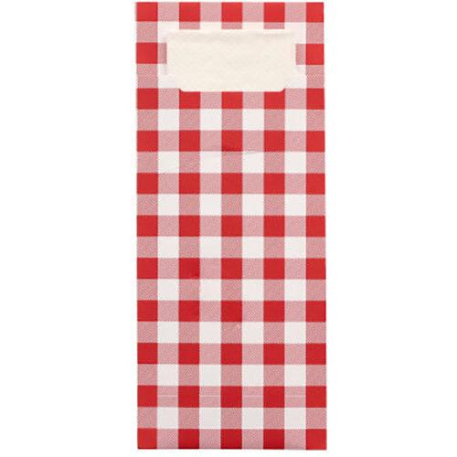Die PAPSTAR 520 Bestecktaschen der PAPSTAR GmbH sind 20 x 8,5 cm große Bestecktaschen mit rot-weißem Karomuster, einem weißen Etikett am oberen Rand und einer integrierten, passenden 2-lagigen Serviette (33 x 33 cm) für den praktischen Gebrauch.