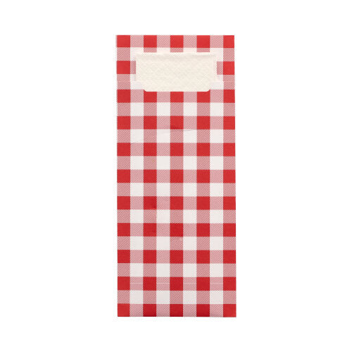 Die PAPSTAR 520 Bestecktaschen (20 x 8,5 cm) der PAPSTAR GmbH aus 2-lagigem Material verfügen über ein rot-weiß kariertes Design, einen weißen Etikettenbereich oben und einen Griffausschnitt über dem Etikett mit passender Serviette.