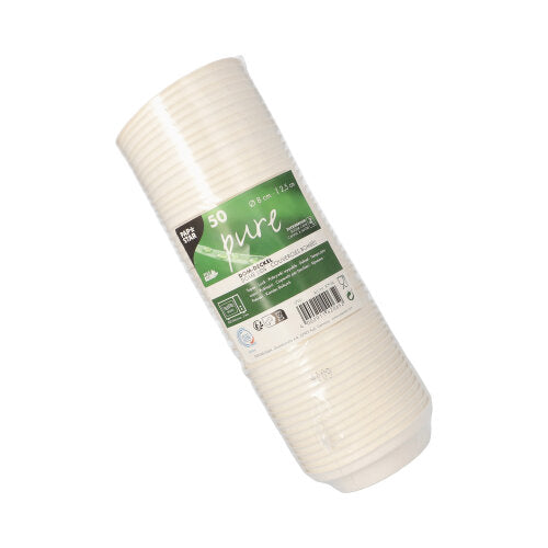Ein Stapel von 50 weißen PAPSTAR "pure" Runddeckeln (2,5 cm hoch) aus umweltfreundlichem Zuckerrohr, mit grün-weißem Produktetikett inklusive Barcode. Ideal für Gastronomiebetriebe. Marke: PAPSTAR GmbH.