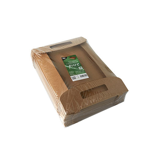 Ein Stapel PAPSTAR 10 Tragetabletts, Pappe „pure“ braun von PAPSTAR GmbH, rechteckig und umweltfreundlich mit Griffen in klarer Kunststoffverpackung; das grün-weiße Label oben – ideal für die Gastronomie.