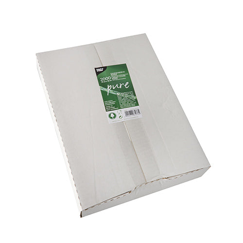 Eine geschlossene weiße Spenderbox der PAPSTAR GmbH mit der Aufschrift „pure“ enthält 2000 Blatt cremefarbenes Einbandpapier im Format 22 x 16 cm mit Palmwachsbeschichtung – ideal für den professionellen Einsatz. Abbildung der Box auf schlichtem weißem Hintergrund.