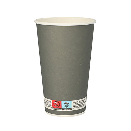 Der PAPSTAR 20 Trinkbecher, Pappe 0,4 l der PAPSTAR GmbH ist ein grauer, umweltfreundlicher Pappbecher mit weißer Innenseite und einem kleinen Etikett am Boden, aufrecht vor weißem Hintergrund abgebildet.