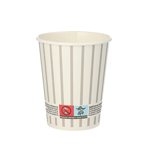 Der PAPSTAR 20 Trinkbecher, Pappe 0,2 l Ø 8 cm der PAPSTAR GmbH ist ein umweltfreundlicher Einwegbecher mit vertikalen beige-weißen Streifen, einem mehrsprachigen Etikett im Bodenbereich und steht leer auf weißem Hintergrund.