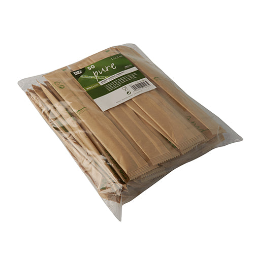 Eine Klarsichtverpackung der PAPSTAR GmbH enthält 50 einzeln in Papier verpackte Holzmesser (16,5cm) mit grün-weißem Etikett – perfekt für die Gastronomie und umweltbewusste Verbraucher.