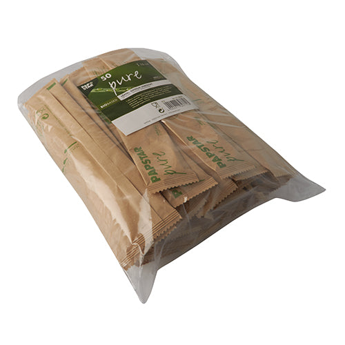 In einem transparenten Kunststoffbeutel der PAPSTAR GmbH befinden sich 50 einzeln verpackte 16 cm große Holzlöffel („pure“) in Papierhüllen, die mit einem Frontetikett auf die Eventtauglichkeit hinweisen.