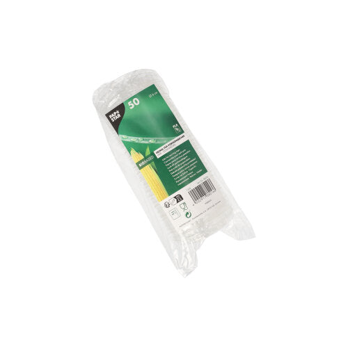 Eine Packung mit 50 Stück runden, transparenten PAPSTAR PLA "pure"-Deckeln (Ø 6 cm) für Portionsbecher aus transparentem Kunststoff mit grün-weißem Frontetikett und Produktinformationen. Marke: PAPSTAR GmbH.