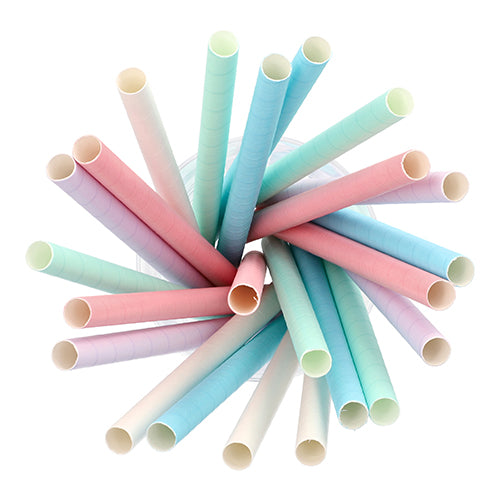 Eine Draufsicht auf einen Becher gefüllt mit PAPSTAR 200 Bubble Tea Halme Papier Ø 12 mm · 20 cm farbig sortiert von der PAPSTAR GmbH in Pastellrosa, Blau, Grün und Weiß, alles in einem kreisförmigen Muster angeordnet.