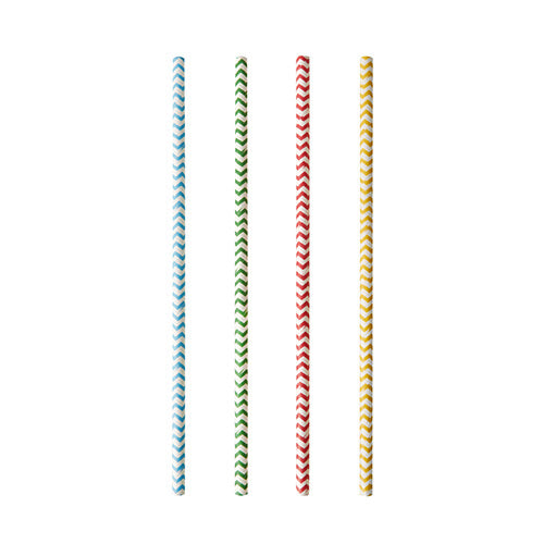 Vier schwarz-weiß gestreifte Papiertrinkhalme PAPSTAR 25 (Ø 6 mm, 20 cm) der PAPSTAR GmbH sind vertikal in einer Reihe auf weißem Untergrund angeordnet.