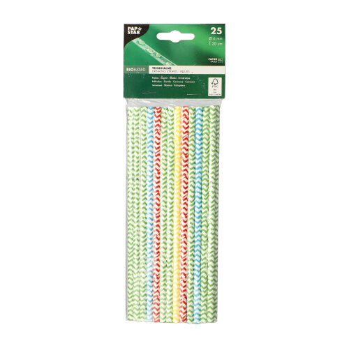 Eine Packung mit 25 PAPSTAR-Papiertrinkhalmen (Ø 6 mm, 20 cm) in schwarz-weißen Streifen, vertikal angeordnet in einer durchsichtigen Kunststoffhülle mit einem grünen Etikett der PAPSTAR GmbH mit Produktdetails.