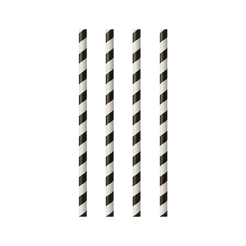Vier PAPSTAR GmbH Papiertrinkhalme, aus dem Set „25 Trinkhalme, Ø 6 mm · 20 cm schwarz/weiß Streifen“, sind mit Streifenmuster vertikal und gleichmäßig auf weißem Hintergrund angeordnet.