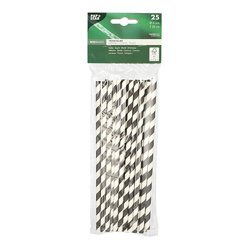Eine transparente Kunststoffverpackung enthält 25 Papiertrinkhalme (Ø 6 mm, 20 cm) der PAPSTAR GmbH, schwarz/weiß gestreift, mit der Aufschrift „biologisch abbaubar“. Das obere Etikett listet Produktdetails auf; die umweltfreundlichen Trinkhalme sind durch die Verpackung sichtbar.