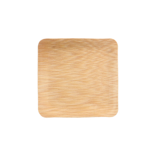 Ein quadratischer, flacher PAPSTAR "pure" Bambus Fingerfood-Teller (1,5 x 8,5 x 8,5 cm), hellbraun mit Holzmaserung, abgebildet auf weißem Grund. Umweltfreundliches, stilvolles Servieren der PAPSTAR GmbH; 10er-Packung in Schrumpffolie.