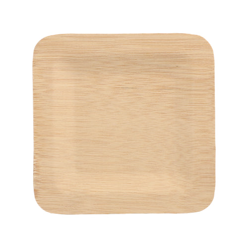 Ein PAPSTAR 10 Teller, Bambus "pure" eckig von der PAPSTAR GmbH, quadratisch und hellbraun mit abgerundeten Ecken, wird auf weißem Hintergrund abgebildet. Er verfügt über eine glatte Oberfläche mit Holzmaserung und ist umweltfreundlich und biologisch abbaubar.
