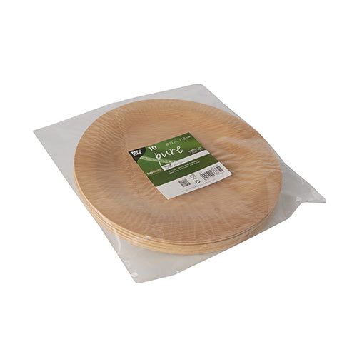 Abgebildet ist ein Stapel PAPSTAR 10 Teller, Bambus „pure“ rund von der PAPSTAR GmbH in einer durchsichtigen Kunststoffverpackung mit einem grün-weißen Etikett, das Produktdetails anzeigt und darauf hinweist, dass pro Packung zehn umweltfreundliche Einwegteller enthalten sind.