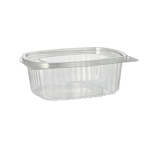 Eine klare, ovale Starpak R-PET Feinkost- und Salatschale mit Klappdeckel ist leer auf weißem Hintergrund abgebildet. Dieser umweltfreundliche Behälter verfügt über gerippte Seiten für zusätzliche Stabilität.