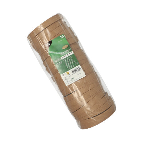 Ein Stapel mit 25 runden, umweltfreundlichen Papierdeckeln für Suppenbecher der PAPSTAR GmbH in transparenter Kunststoffverpackung mit einem grün-weißen Etikett mit Produktdetails.