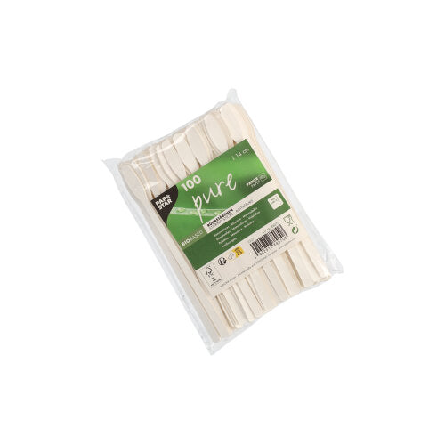 Eine klare Kunststoffverpackung der PAPSTAR GmbH enthält 100 weiße Rührstäbchen aus Papier "pure". Das grün-weiße Etikett hebt umweltfreundliche Rührstäbchen für Gastronomie und Angaben zu FSC-zertifiziertem Papier mit verschiedenen Piktogrammen hervor.