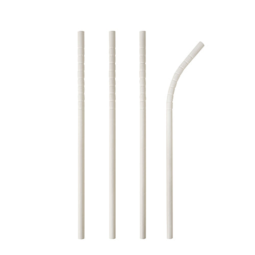 Vier PAPSTAR 100 Trinkhalme Papier „pure“ (Ø 6 mm, 20 cm) der PAPSTAR GmbH sind vertikal auf weißem Hintergrund angeordnet; drei sind gerade, einer am oberen Ende gebogen – eine nachhaltige Alternative zu Plastikstrohhalmen.