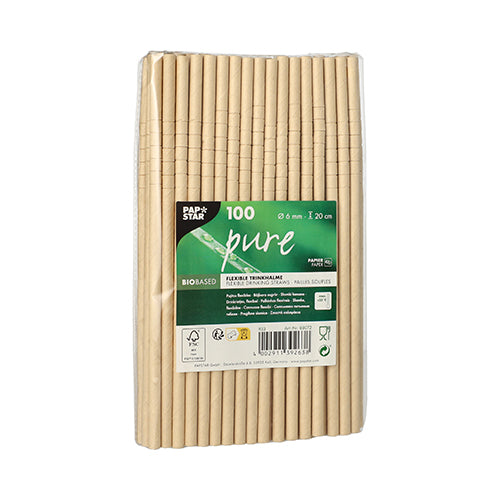 Eine Packung mit 100 PAPSTAR „pure“ Papier-Trinkhalmen (Ø 6 mm, 20 cm) der PAPSTAR GmbH in Hellbeige – umweltfreundliche, biologisch abbaubare Strohhalme verpackt in transparentem Kunststoff mit grün-weißem Etikett für Ihre Getränke.