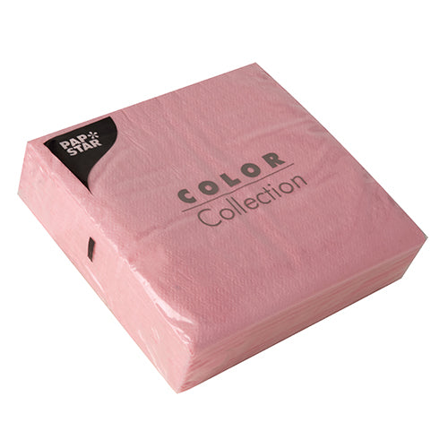Eine versiegelte Packung mit 100 rosafarbenen, 1-lagigen PAPSTAR-Servietten, 33 x 33 cm, FSC-zertifiziert aus der Color Collection, gebrandet mit PAPSTAR GmbH in der linken oberen Ecke der Verpackung.