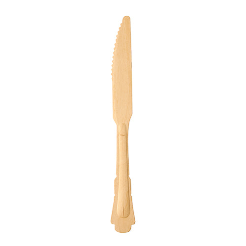 Ein PAPSTAR 50 Messer, Holz „pure“ 20,5 cm „Vintage“ von PAPSTAR GmbH auf Papptray – umweltfreundliche Einwegmesser aus Holz, perfekt für stilvolle Tischdekoration und Feiern.