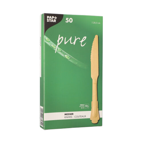 Eine grüne Schachtel der „PAPSTAR GmbH“ mit der Aufschrift „Pure“ präsentiert 50 Holzmesser (20,5 cm lang) in einem Papptray. Die umweltfreundliche Verpackung zeigt ein Holzmesser-Motiv und eine Grafik mit einem grünen Pflanzenstamm.