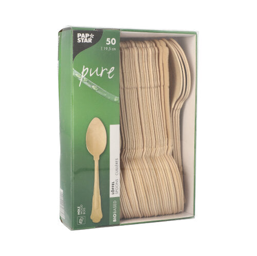 Eine Schachtel mit 50 PAPSTAR Holzlöffeln „pure“ Vintage (19,5 cm) präsentiert sich in einer grün-weißen Verpackung mit einem Sichtfenster auf dem Papptray, in dem die sauber gestapelten Löffel der PAPSTAR GmbH zur Schau gestellt sind.
