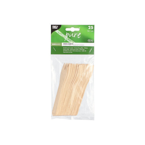 Eine Klarsichtverpackung aus Kunststoff mit 25 Snackgabeln aus Holz „pure“ (12,1 cm) der PAPSTAR GmbH, versehen mit einem grün-weißen Oberetikett mit Marken- und Produktdetails.