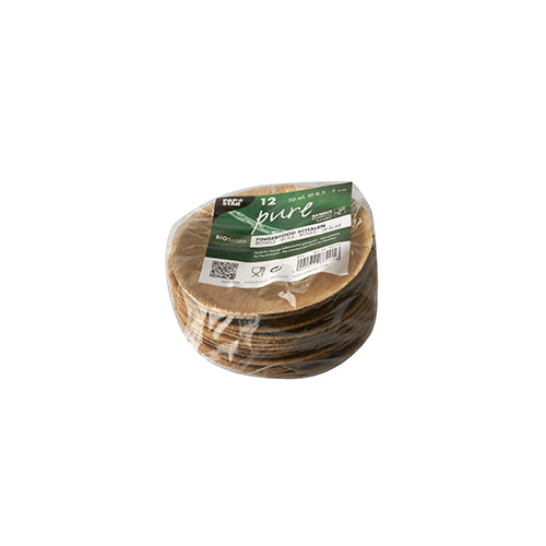 Ein Stapel PAPSTAR 12 Fingerfood-Schalen, Bambus „pure“ der PAPSTAR GmbH, verpackt in Plastik mit grün-weißem Markenetikett und bestehend aus 12 großen Tellern.