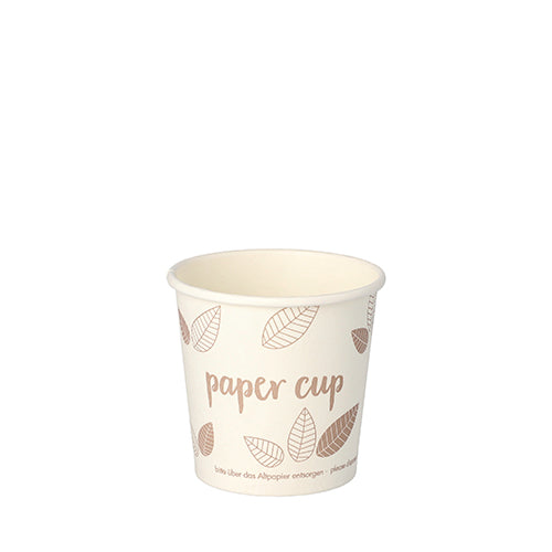 Ein beigefarbener PAPSTAR GmbH 80 Trinkbecher, Pappe „pure“ Pappbecher mit braunen Blattmotiven und „Pappbecher“-Text. Dieser umweltfreundliche Einweg-Trinkbecher wird vor einem schlichten weißen Hintergrund präsentiert.