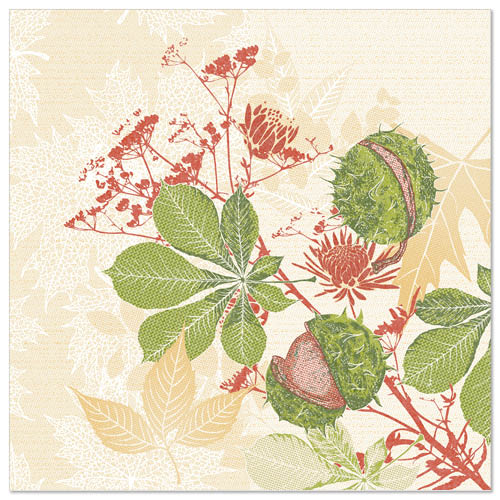 Illustration von grünen Rosskastanienblättern und Samenkapseln mit roten und beigen botanischen Akzenten auf cremefarbenem Untergrund, abgebildet auf PAPSTAR 50 Servietten "ROYAL Collection" 1/4-Falz 40 x 40 cm von PAPSTAR GmbH.