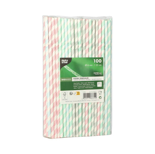 Eine versiegelte Packung mit 100 PAPSTAR 100 Trinkhalme, Papier Ø 6 mm der PAPSTAR GmbH in pastellrosa, weiß und grün gestreift. Das Etikett enthält Produktangaben und Barcodes in mehreren Sprachen.