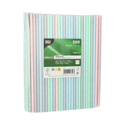 Eine Packung mit 200 PAPSTAR Papier-Trinkhalmen (Ø 6 mm, 21 cm, farbig sortiert) der PAPSTAR GmbH steht aufrecht in einer durchsichtigen Kunststoffverpackung mit einem grünen Etikett mit Produktdetails.