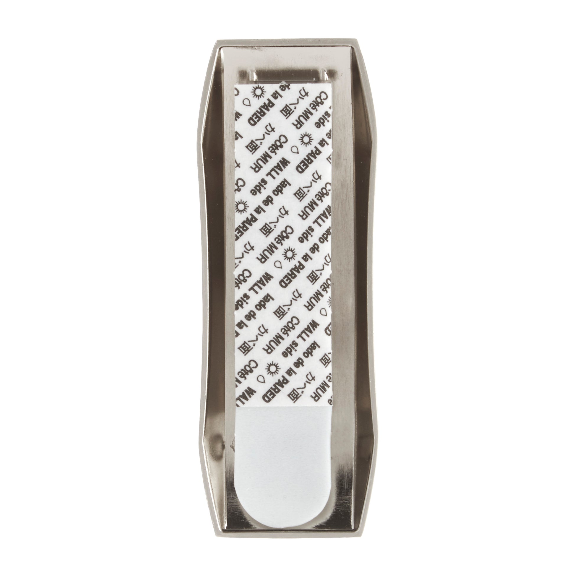 Ein Command™ Bad Metallhaken "Modern Reflection" der 3M Deutschland GmbH, mit glatter Metalloberfläche und Markendesign, von oben auf weißem Hintergrund dargestellt.