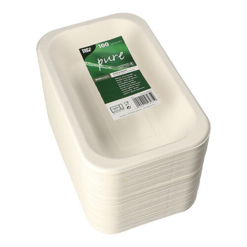 Abgebildet ist ein Stapel rechteckiger, weißer PAPSTAR 100 Siegelschalen aus biologisch abbaubarem Zuckerrohr mit einem grünen Etikett auf der Oberseite. Die Schalen stammen von der PAPSTAR GmbH und werden im 100er-Pack geliefert.