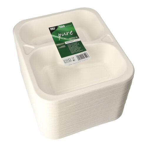 100 weiße PAPSTAR Zuckerrohr-Siegelschalen, 2-geteilt, nachhaltig und ideal als umweltfreundliches Einweggeschirr für Catering – praktisch verpackt im Markenlabel von PAPSTAR GmbH.
