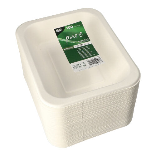 Ein Stapel von 100 rechteckigen weißen PAPSTAR Siegelschalen aus Zuckerrohr, mit leicht erhöhtem Rand, glatter Oberfläche und umweltfreundlicher Verpackung. Das grüne „pure“-Label befindet sich oben. Marke: PAPSTAR GmbH.
