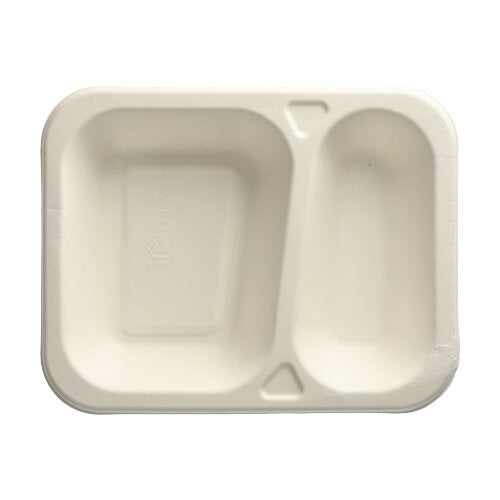 Die PAPSTAR 100 Siegelschalen Zuckerrohr 2-geteilt, weiss der PAPSTAR GmbH ist eine rechteckige, weiße Einweg-Speiseschale mit zwei Fächern – ideal für Catering und Take-away-Events – mit einem großen und einem kleinen Fach.