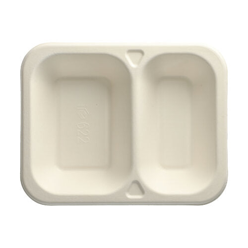 Das 2-teilige, weiße Rechtecktablett der PAPSTAR GmbH wird aus umweltfreundlichem Zuckerrohr hergestellt; ideal für Catering und Take-away-Events. Produkt: PAPSTAR 100 Siegelschalen, Zuckerrohr 2-geteilt, weiss.