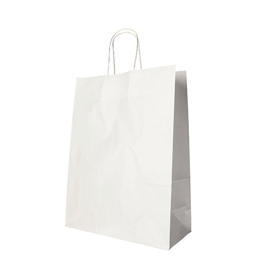 Eine PAPSTAR GmbH 25 Tragetaschen, Papier mit gedrehtem Tragegriff, steht aufrecht vor weißem Hintergrund.