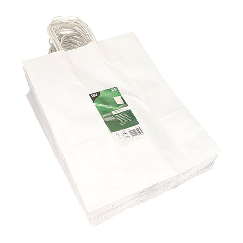 Ein Stapel PAPSTAR 25 Tragetaschen, Papier mit gedrehtem Tragegriff der PAPSTAR GmbH ist gebündelt. Auf der oberen Tasche befindet sich ein grün-weißes Produktetikett mit Informationen und einem Barcode.